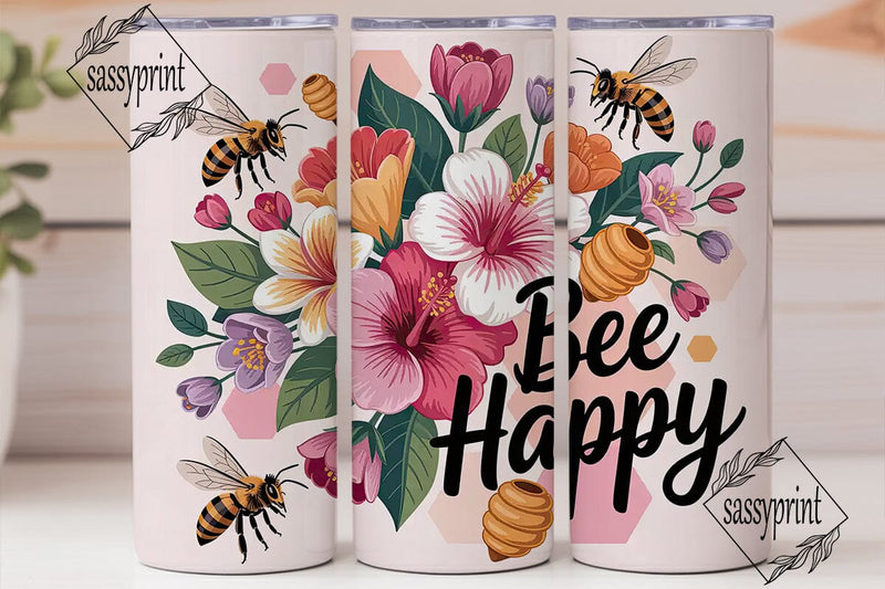 Bee Happy Floral 20oz Tumbler Wrap Sublimation sassyprint 