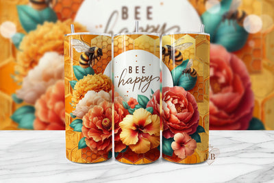 Bee Happy Floral and Honeycomb 20oz Skinny Tumbler PNG Sublimation BijouBay 