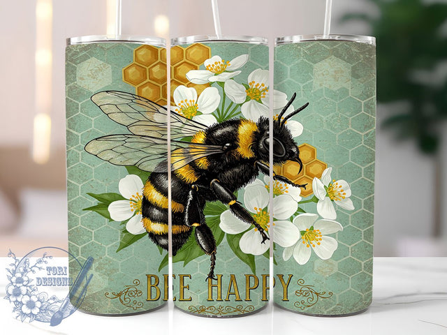 Bee Happy Floral Bumblebee Tumbler, Honey Bee Cup, 20oz Bumblebee Wrap, Cute Bee Sublimation PNG, Floral Bee Aesthetic Tumbler, Positive Quote Cup, Boho Bee Hive Design Sublimation ToriDesigns 
