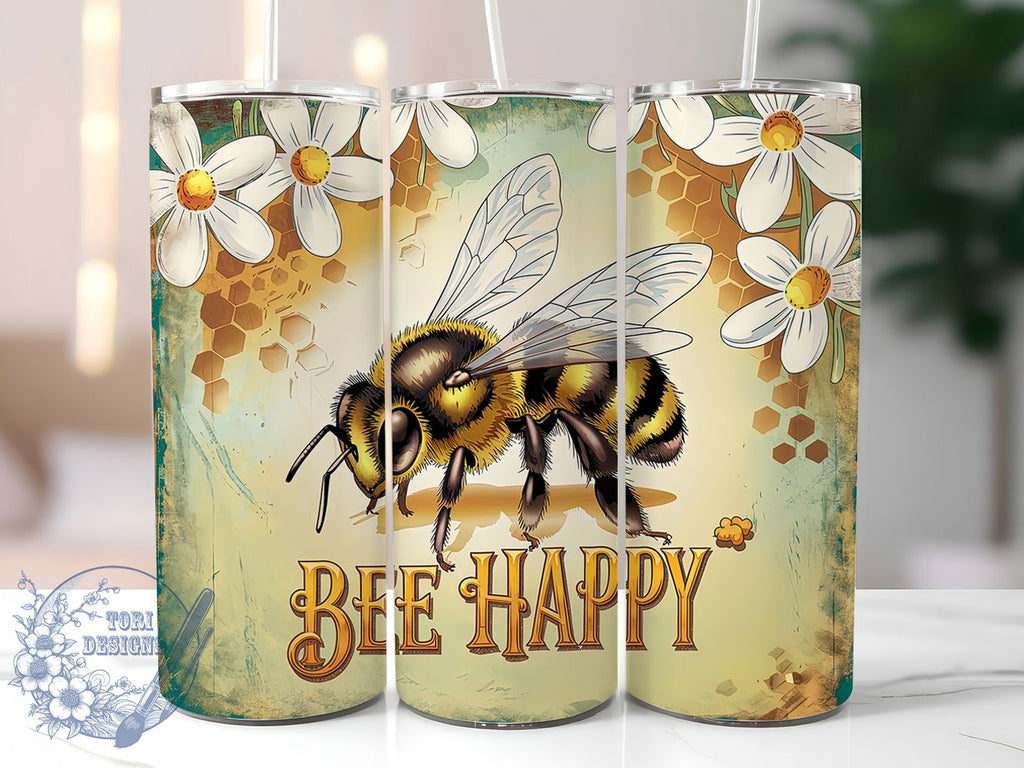 Bee Happy Floral Bumblebee Tumbler, Honey Bee Cup, 20oz Bumblebee Wrap ...