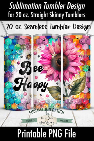 Bee Happy Pink Sunflower 20oz Seamless Sublimation Tumbler Wrap Sublimation Ewe-N-Me Designs 