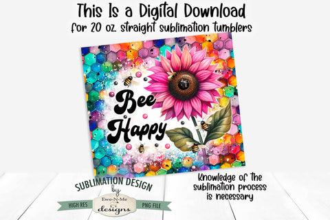 Bee Happy Pink Sunflower 20oz Seamless Sublimation Tumbler Wrap Sublimation Ewe-N-Me Designs 