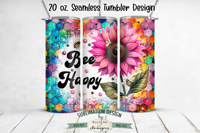 Bee Happy Pink Sunflower 20oz Seamless Sublimation Tumbler Wrap Sublimation Ewe-N-Me Designs 