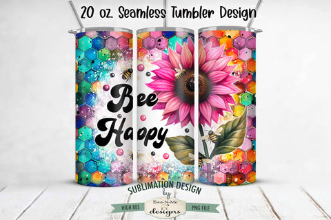 Bee Happy Pink Sunflower 20oz Seamless Sublimation Tumbler Wrap Sublimation Ewe-N-Me Designs 
