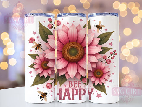 Bee Happy Pink Sunflower 20oz Tumbler, Pink Sunflower Design, 20oz Sublimation Wrap, Floral Bee Cup, Cute Insect Tumbler, Nature Lover Gift, Summer Drinkware Sublimation SvggirlplusArt 