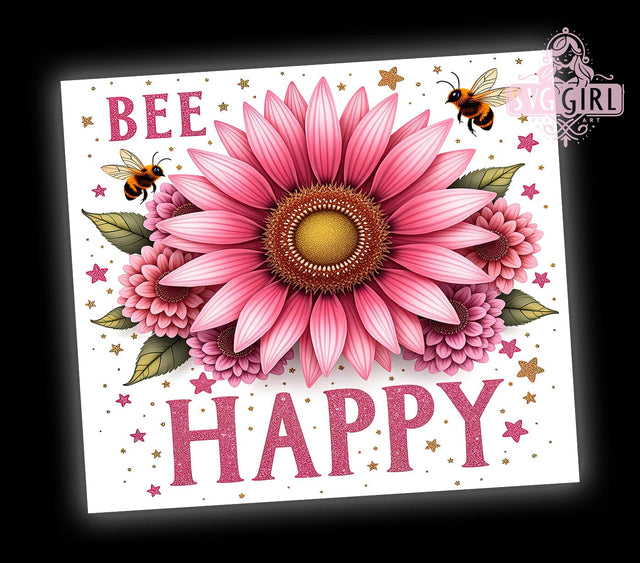 Bee Happy Pink Sunflower 20oz Tumbler, Pink Sunflower Design, 20oz Sublimation Wrap, Floral Bee Cup, Cute Insect Tumbler, Nature Lover Gift, Summer Drinkware Sublimation SvggirlplusArt 
