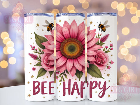 Bee Happy Pink Sunflower 20oz Tumbler, Pink Sunflower Design, 20oz Sublimation Wrap, Floral Bee Cup, Cute Insect Tumbler, Nature Lover Gift, Summer Drinkware Sublimation SvggirlplusArt 