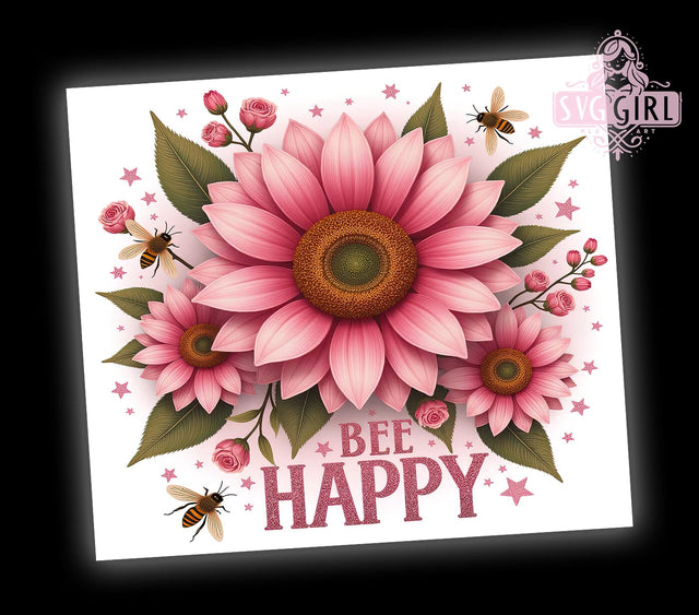 Bee Happy Pink Sunflower 20oz Tumbler, Pink Sunflower Design, 20oz Sublimation Wrap, Floral Bee Cup, Cute Insect Tumbler, Nature Lover Gift, Summer Drinkware Sublimation SvggirlplusArt 