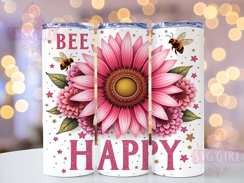 Bee Happy Pink Sunflower 20oz Tumbler, Pink Sunflower Design, 20oz Sublimation Wrap, Floral Bee Cup, Cute Insect Tumbler, Nature Lover Gift, Summer Drinkware Sublimation SvggirlplusArt 