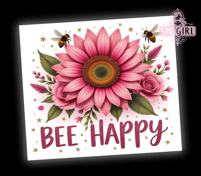 Bee Happy Pink Sunflower 20oz Tumbler, Pink Sunflower Design, 20oz Sublimation Wrap, Floral Bee Cup, Cute Insect Tumbler, Nature Lover Gift, Summer Drinkware Sublimation SvggirlplusArt 