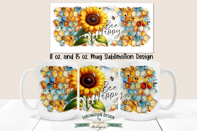 Bee Happy Sunflower 11 & 15 oz Mug Sublimation Design Sublimation Ewe-N-Me Designs 