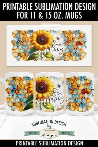 Bee Happy Sunflower 11 & 15 oz Mug Sublimation Design Sublimation Ewe-N-Me Designs 
