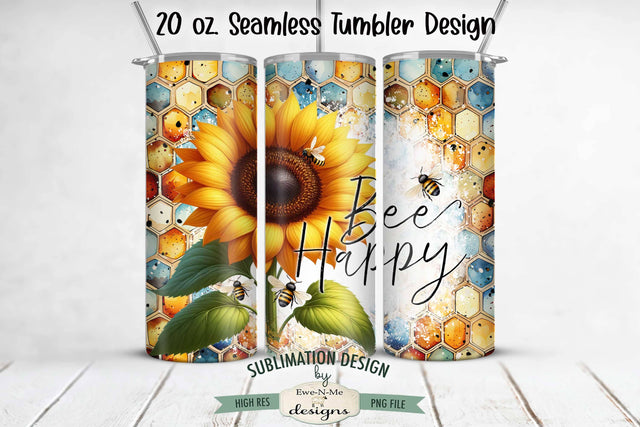 Bee Happy Sunflower 20oz Seamless Sublimation Tumbler Wrap Sublimation Ewe-N-Me Designs 