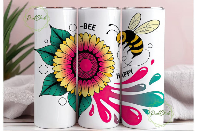 Bee Happy Sunflower 20oz Tumbler Wrap Sublimation PixelChick 