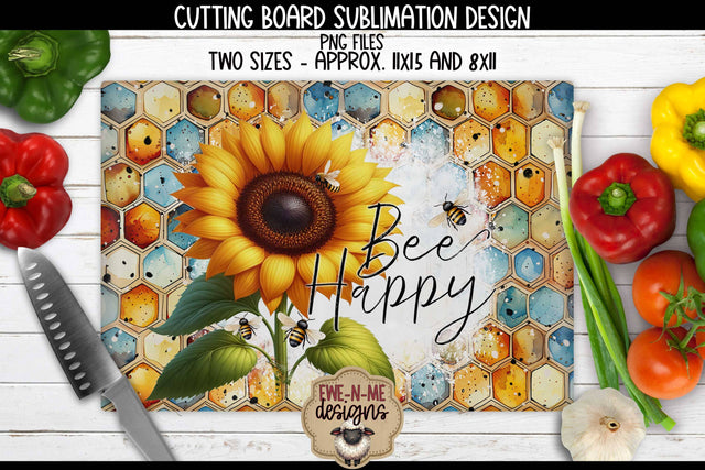 Bee Happy Sunflower Rectangle Cutting Board Sublimation Design - Bee Honeycomb Sunflower Sublimation Ewe-N-Me Designs 