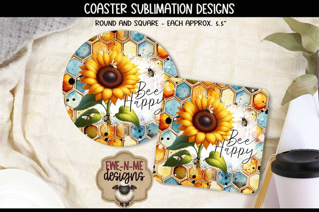 Bee Happy Sunflower - Round and Square Coaster Sublimation Designs Sublimation Ewe-N-Me Designs 