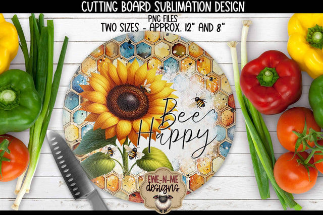 Bee Happy Sunflower ROUND Cutting Board Sublimation Design Sublimation Ewe-N-Me Designs 