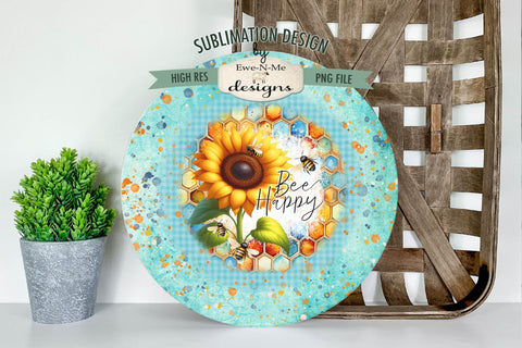 Bee Happy Sunflower Wind Spinner Sublimation Design PNG Sublimation Ewe-N-Me Designs 