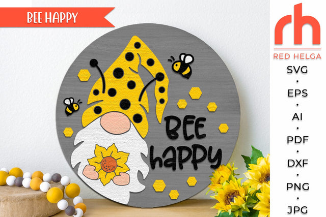 Bee Happy SVG, Layered Door Sign Cut File, Summer Hanger DXF SVG RedHelgaArt 