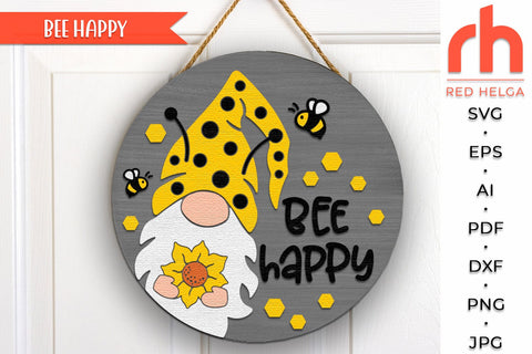 Bee Happy SVG, Layered Door Sign Cut File, Summer Hanger DXF SVG RedHelgaArt 