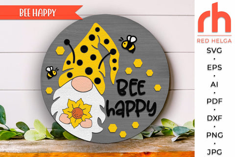 Bee Happy SVG, Layered Door Sign Cut File, Summer Hanger DXF SVG RedHelgaArt 