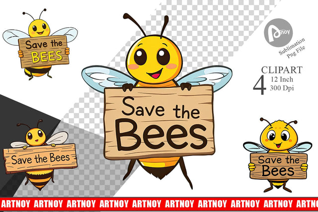 Bee Holding Sign Clipart Sublimation artnoy 