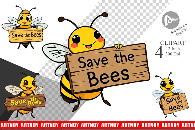 Bee Holding Sign Clipart Sublimation artnoy 