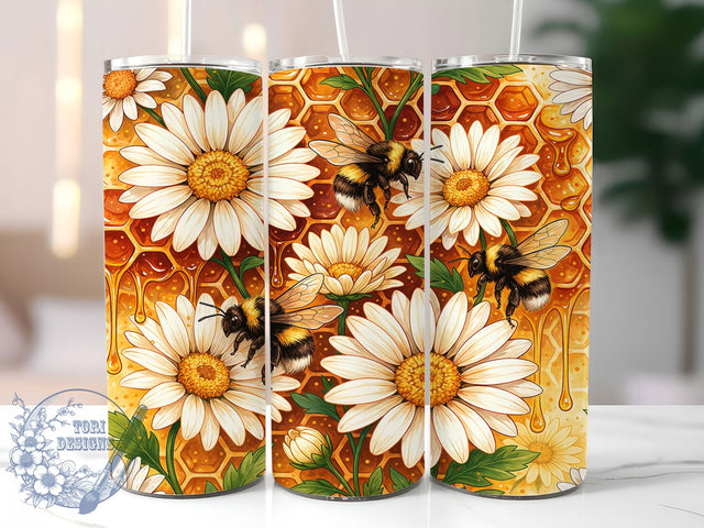 Bee Honeycomb Daisy Rustic 20oz Tumbler, White Daisies, Golden Yellow, Floral Bloom, Rustic Nature, Skinny Tumbler, Sublimation PNG Sublimation ToriDesigns 
