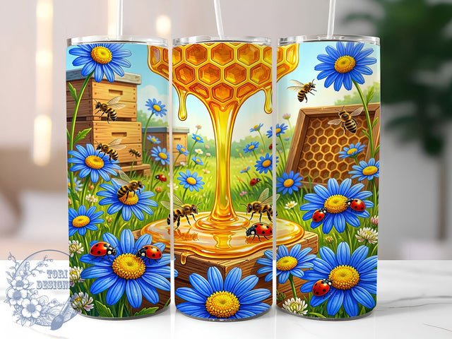 Bee Honeycomb Floral 20oz Tumbler Wrap, Bee Motif, Honeycomb Pattern, Floral Design, Nature Theme, Whimsical Charm, Skinny Tumbler, Sublimation PNG Sublimation ToriDesigns 