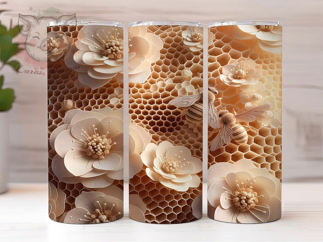Bee & Honeycomb Floral Tumbler Wrap, Honeycomb Tumbler Design, Flower Tumbler PNG, 3D Bee Tumbler, Bee And Flower Tumbler, Nature Tumbler Wrap Sublimation Lara' s Designs 