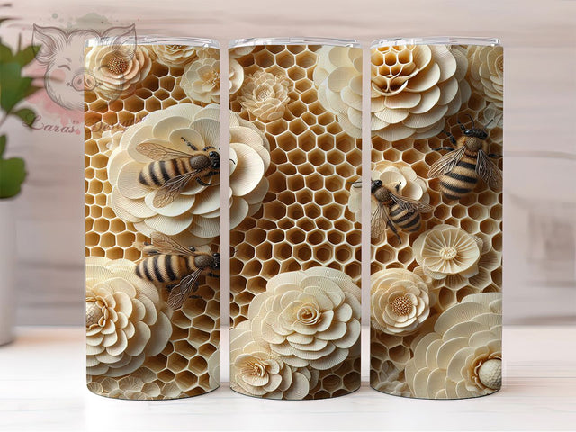 Bee & Honeycomb Floral Tumbler Wrap, Honeycomb Tumbler Design, Flower Tumbler PNG, 3D Bee Tumbler, Bee And Flower Tumbler, Nature Tumbler Wrap Sublimation Lara' s Designs 