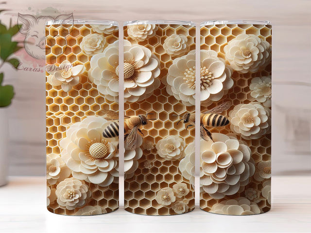 Bee & Honeycomb Floral Tumbler Wrap, Honeycomb Tumbler Design, Flower Tumbler PNG, 3D Bee Tumbler, Bee And Flower Tumbler, Nature Tumbler Wrap Sublimation Lara' s Designs 