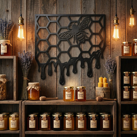 Bee Honeycomb Laser SVG DXF, Dripping Honey Metal Wall Art, Plasma CNC Cut File, Laser Cut Bee Sign, Rustic Farmhouse Decor Instant Download SVG HappyDesignStudio 