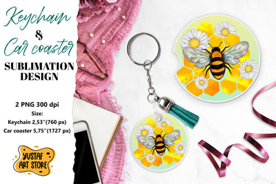 Bee Keychain sublimation. Bee Car coaster sublimation. Sublimation Yustaf Art Store 