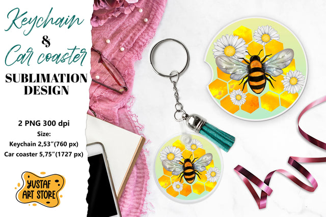 Bee Keychain sublimation. Bee Car coaster sublimation. Sublimation Yustaf Art Store 