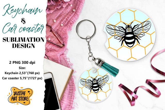 Bee Keychain sublimation. Bee Car coaster sublimation. Sublimation Yustaf Art Store 