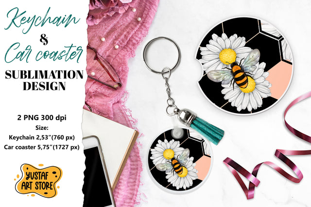 Bee Keychain sublimation. Bee Car coaster sublimation. Sublimation Yustaf Art Store 