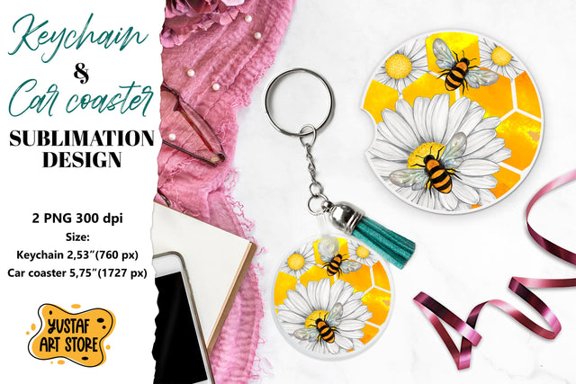Bee Keychain sublimation. Bee Car coaster sublimation. Sublimation Yustaf Art Store 