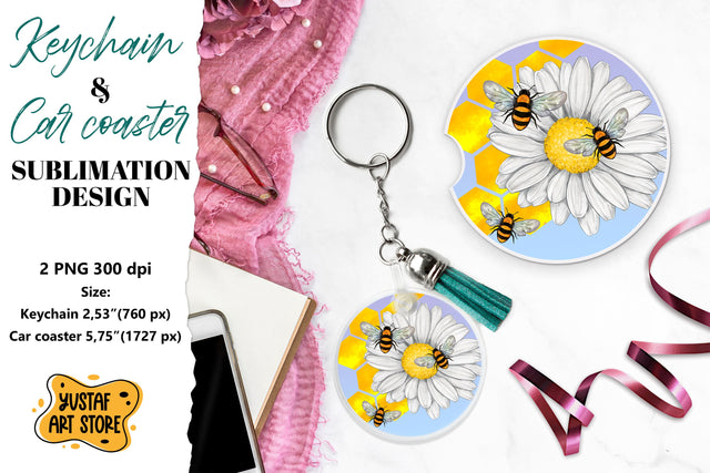 Bee Keychain sublimation. Bee Car coaster sublimation. Sublimation Yustaf Art Store 