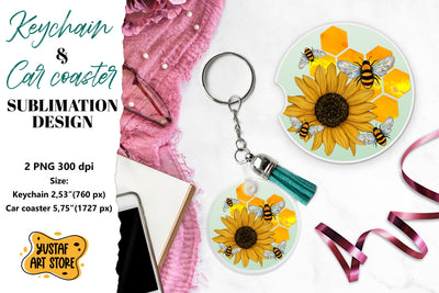 Bee Keychain sublimation. Bee Car coaster sublimation. Sublimation Yustaf Art Store 