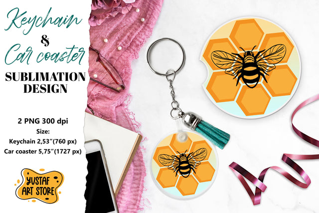 Bee Keychain sublimation. Bee Car coaster sublimation. Sublimation Yustaf Art Store 