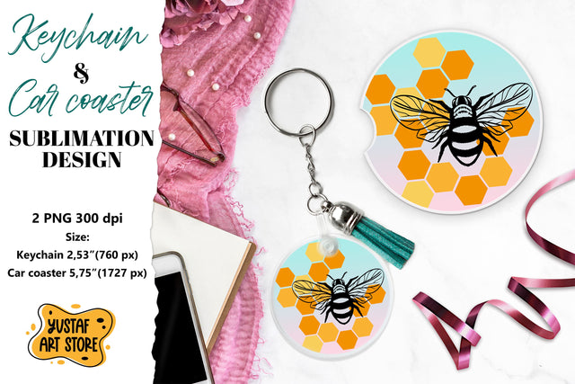 Bee Keychain sublimation. Bee Car coaster sublimation. Sublimation Yustaf Art Store 