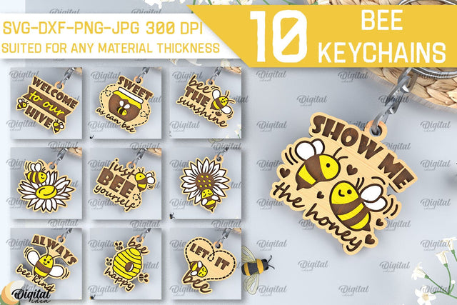Bee Keychains Laser Cut Bundle. Wooden Bee Key Rings SVG SVG Evgenyia Guschina 
