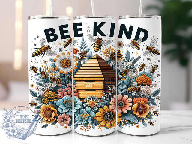 Bee Kind 20oz Skinny Tumbler, Bee Floral Tumbler Png, Straight & Tapered Tumbler Wrap, Instant Digital Download Sublimation ToriDesigns 