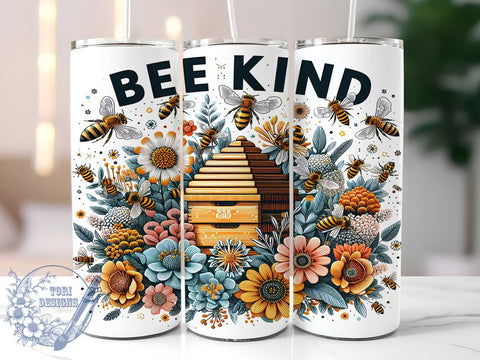 Bee Kind 20oz Skinny Tumbler, Bee Floral Tumbler Png, Straight & Tapered Tumbler Wrap, Instant Digital Download Sublimation ToriDesigns 