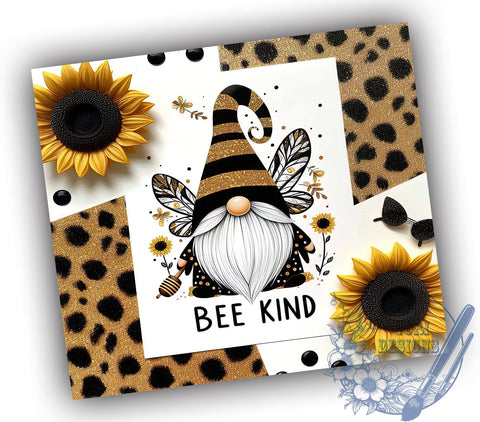 Bee Kind Gnome Sunflower 20oz Skinny Tumbler, Positive Affirmations Tumbler Png, Straight & Tapered Tumbler Wrap, Instant Digital Download Sublimation ToriDesigns 
