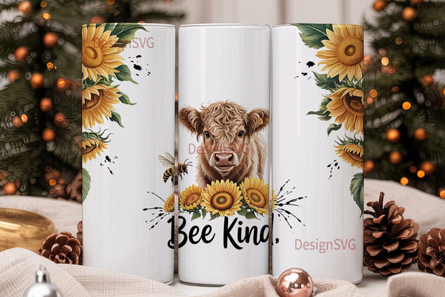 Bee Kind Highland Cow 20oz Tumbler Wrap Sublimation DesignSVG 