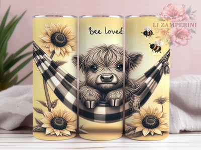 Bee Loved Cow 20oz Tumbler, Bee Loved, Baby Highland Cow, Cute Print, Sunflower Theme, 20oz Sublimation, PNG Design Sublimation Li Zamperini 