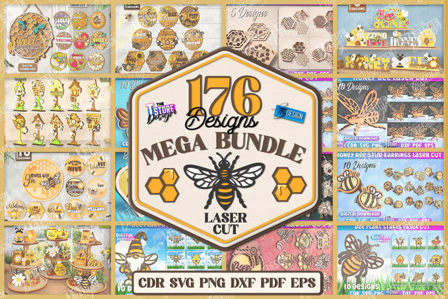 Bee Mega Bundle Laser Cut | Summer Decor | Honeycomb SVG | Honey Bee Shelf Sitter SVG | Beehive Sign | Bee Standing Decor | Bee Quotes SVG | Bumblebee SVG | Farmhouse Decor | Plant Stakes | Wooden Keychains SVG The T Store Design 