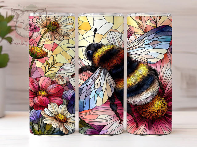 Bee on Yellow Flowers Stained Glass 20oz Tumbler Png, Straight & Tapered Tumbler Png, Bee Glass Tumbler Png, Digital Download PNG Sublimation Lara' s Designs 